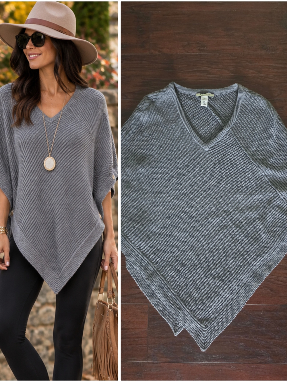 White House Black Market Gray Ribbed V-Neck Poncho Sweater